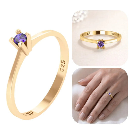 Anel Solitário Prata 925 Banhado Ouro 18k - Ametista