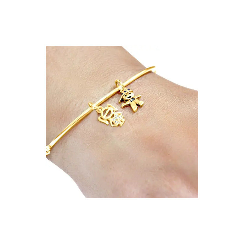 Bracelete Rígido Prata 925 Dourada 18k - 1 Menino 1 Menina Dourado 19 Cm