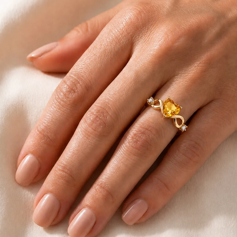 Anel Prata 925 Dourada 18k Infinito Amor Coração Citrino 19