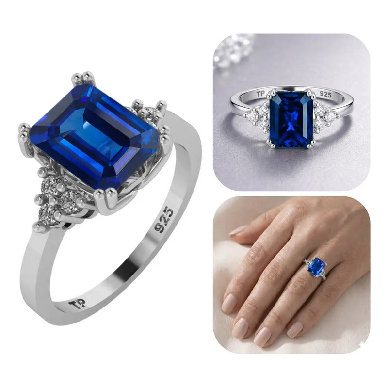Anel Vintage Clássico Safira Azul Pura Prata 925 - Feminino