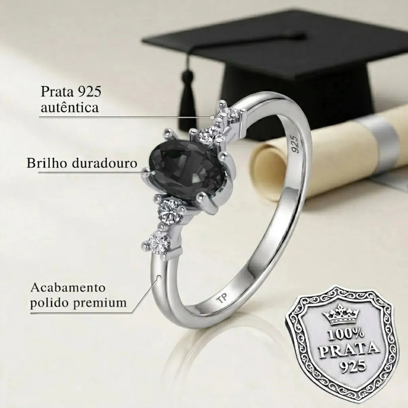 Anel Formatura Feminino Prata 925 + Caixinha Capelo Onix 26