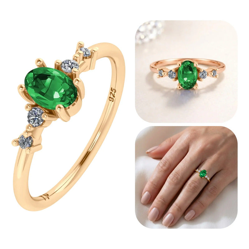 Anel London De Prata 925 Dourada  Ouro 18k - Esmeralda