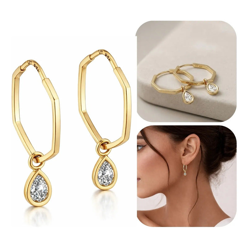 Brinco Argola Hexagonal Prata 925 Dourada 18k Gota Dourado