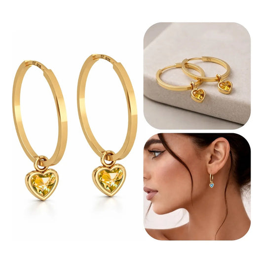 Brinco Argola Prata 925 Dourada 18k Pingente Citrino Coração Dourado