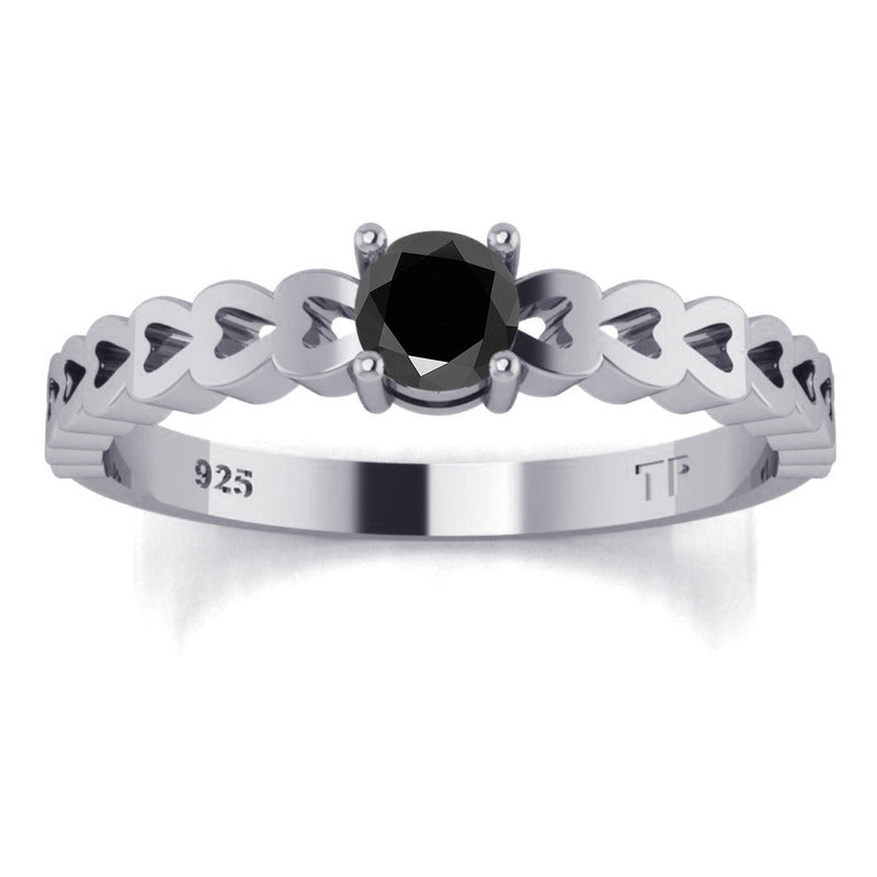 Anel Luxo Pura Prata 925 Corações Black Onix- Exclusivo