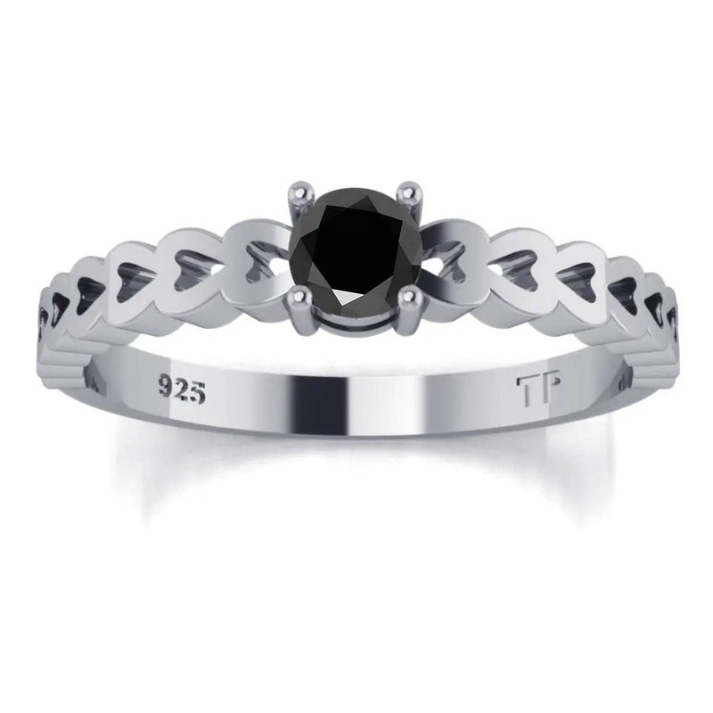Anel Luxo Prata 925 Corações Onix Preto- Exclusivo