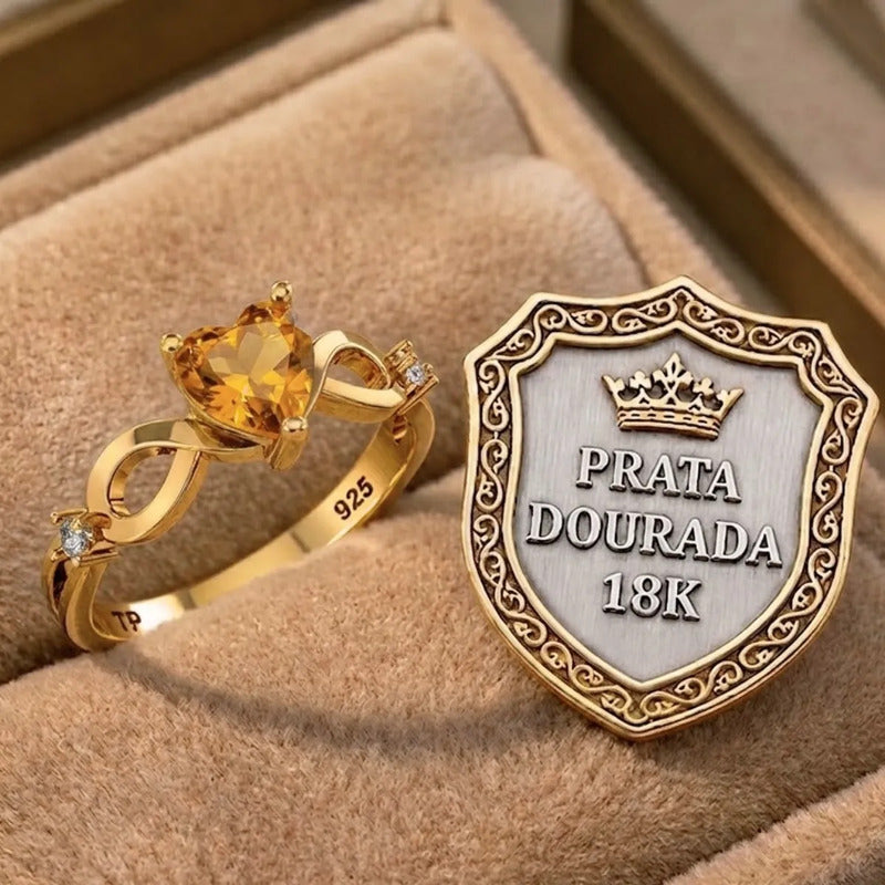 Anel Prata 925 Dourada 18k Infinito Amor Coração Citrino 25