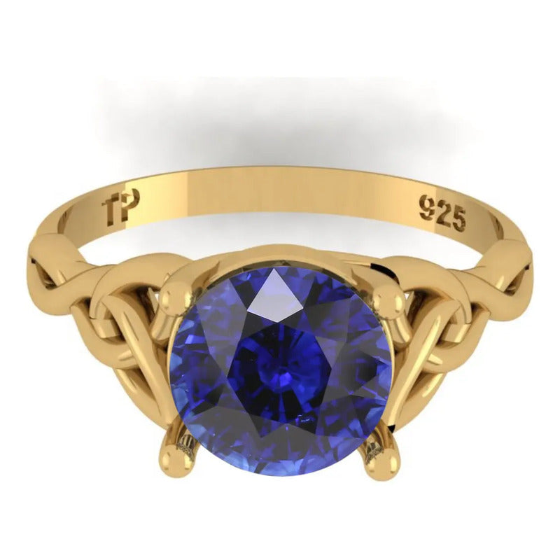 Anel Prata 925 Dourada 18k Celta Knot Trinity - Safira Azul