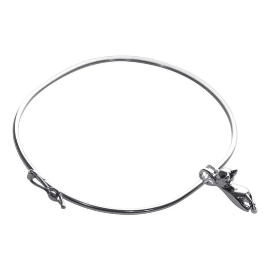 Pulseira Bracelete Rígido Prata 925 - Pingente Gatinho 19 Cm