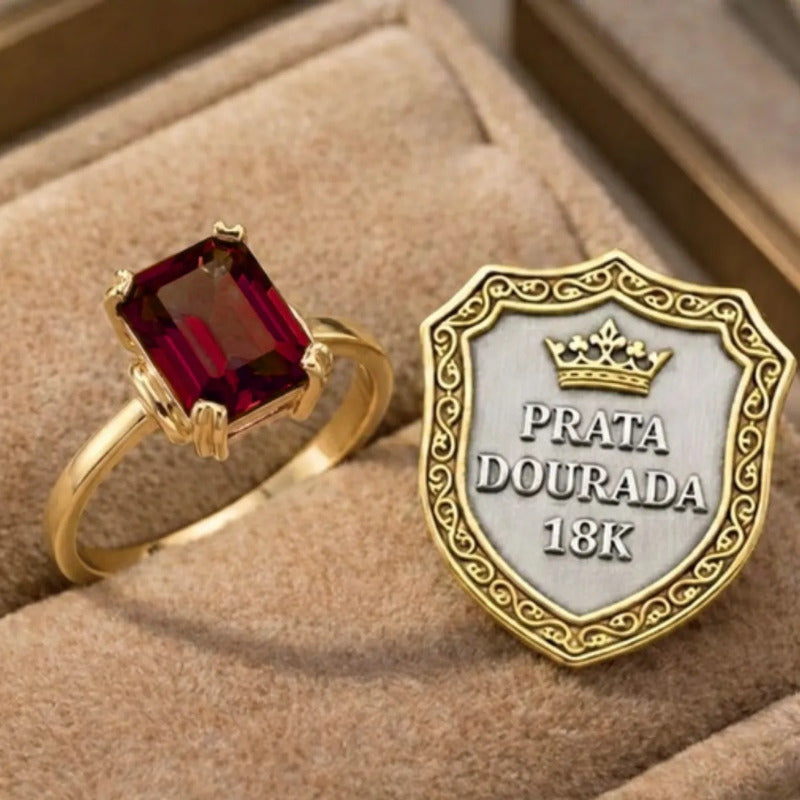 Anel Vintage Granada Prata 925 Dourada  Ouro 18k - Feminino