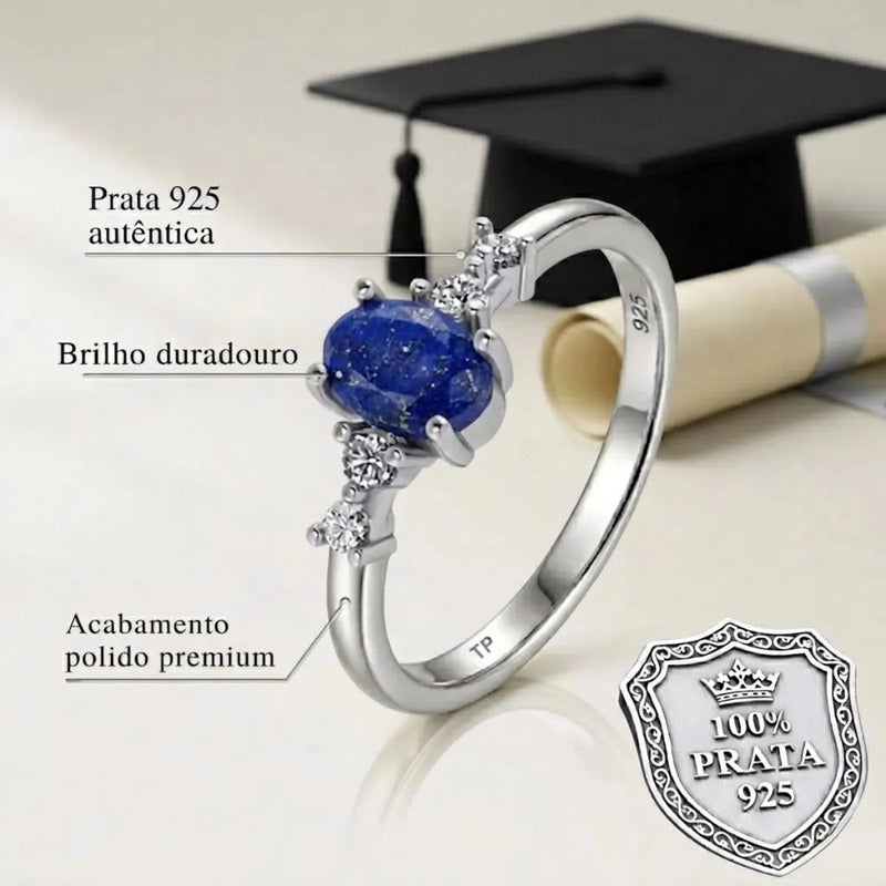 Anel Formatura Feminino Prata 925 + Caixinha Capelo Lapis Lazuli 18