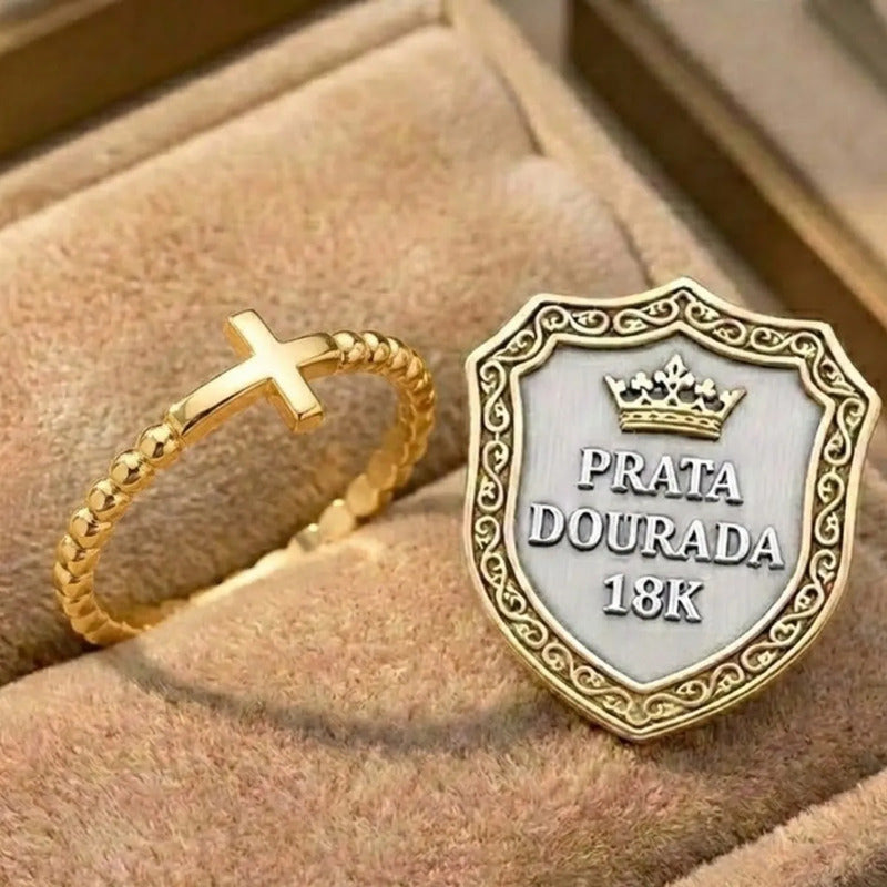 Anel Cruz De Prata 925 Dourada 18k - Melhor Valor