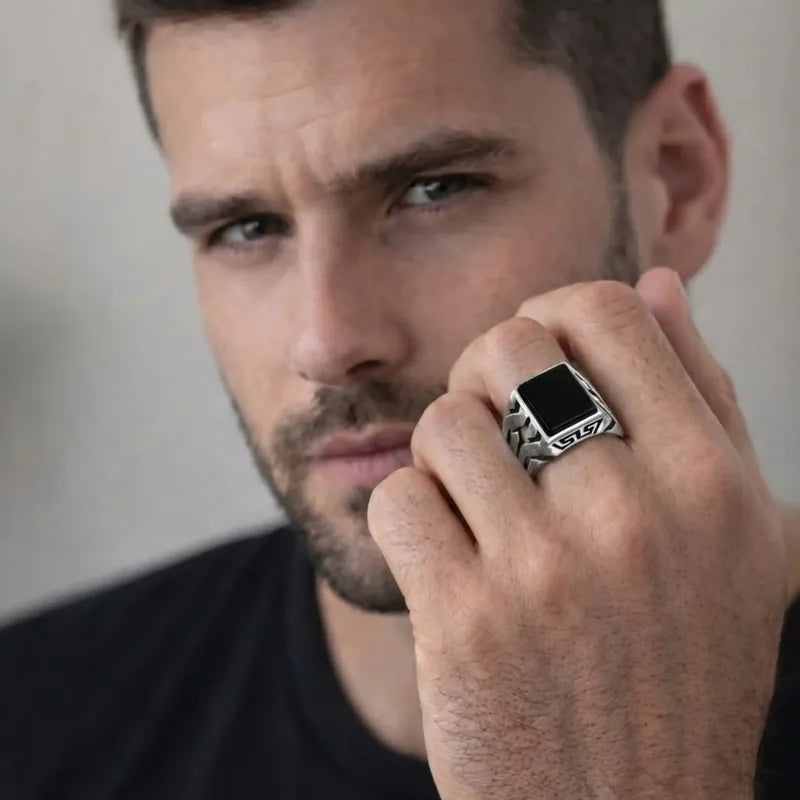 Anel Masculino Elos Prata 925 Black Onix Tamanhos Exclusivos