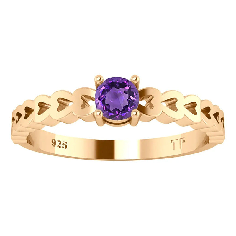 Anel Luxo Corações Prata 925 Dourada Ouro 18k - Roxo