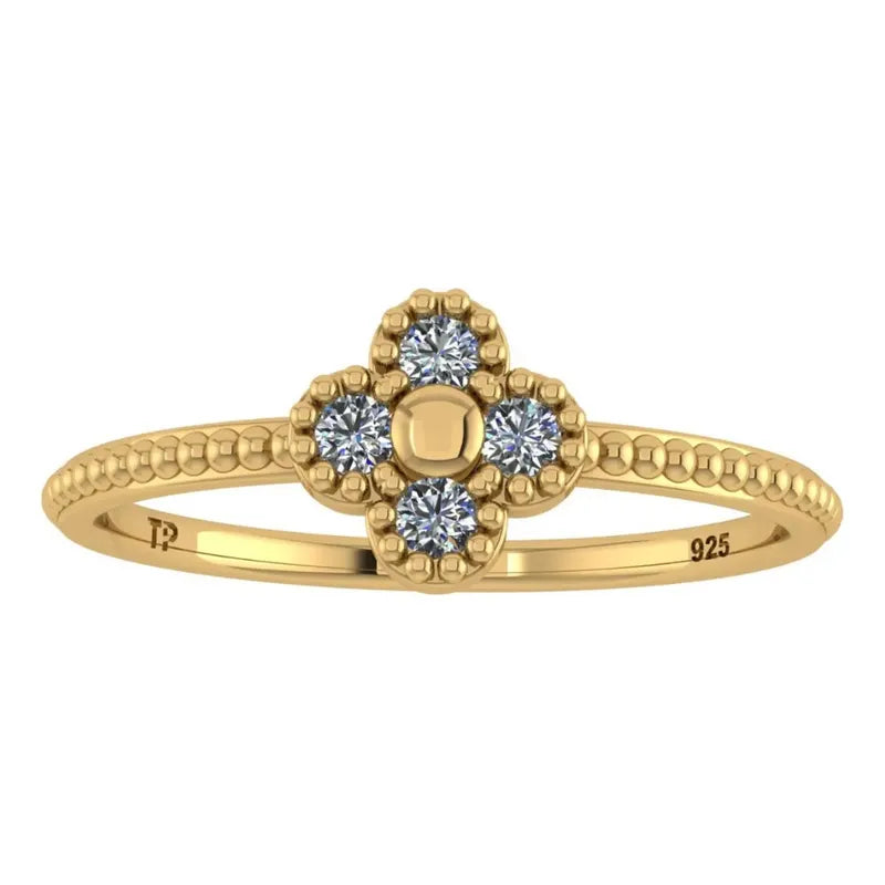 Anel Prata 925 Dourada 18k Flor Com 4 Zircônias - Exclusivo