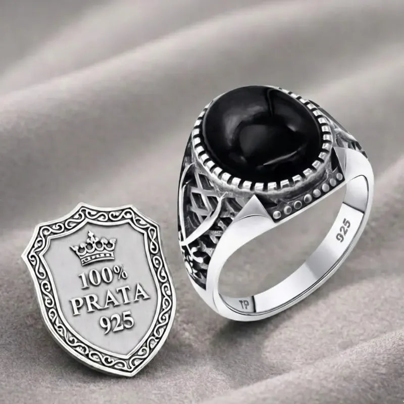 Anel Masculino De Prata 925 Oval Black Onix - Exclusivo