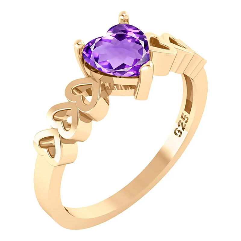Anel Luxo Coração Prata 925 Dourada 18k - Ametista