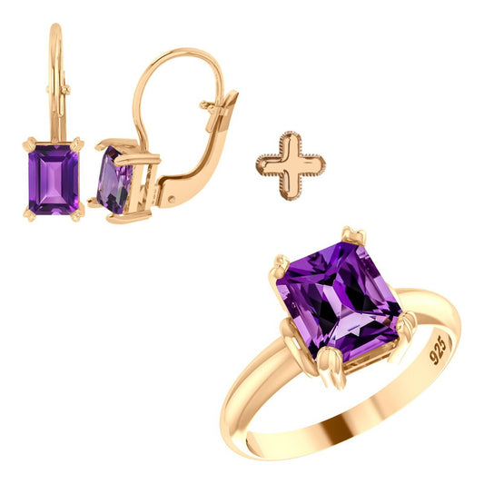 Kit de Anillo y Pendientes Vintage en Plata 925 y Oro 18k - Amatista