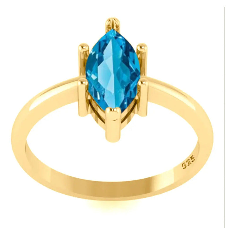 Anel Navete Prata 925 Dourada Ouro 18k - Topázio Azul