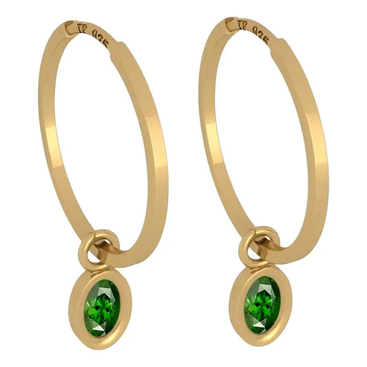 Brinco Argola Prata 925 Dourada 18k Pingente Oval- Esmeralda Dourado