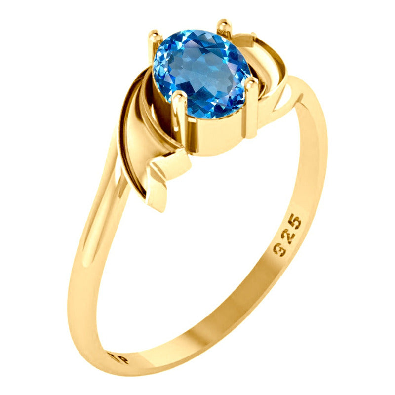 Anel Wings Prata 925 Dourada Ouro 18k - Água Marinha Oval