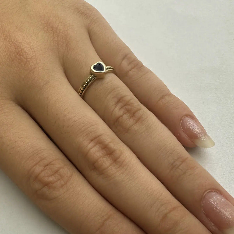 Anel Prata 925 Dourada 18k Solitário Coração - Onix