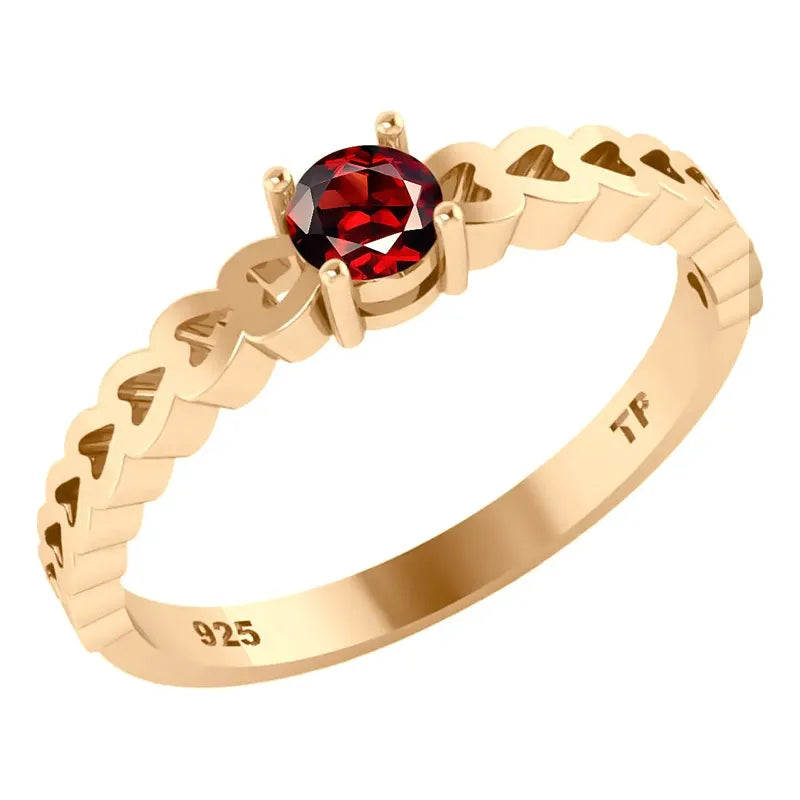 Anel Luxo Corações Prata 925 Dourada Ouro 18k - Granada