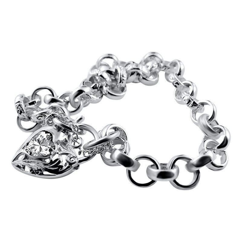 Pulseira Prata 925 Elo Português Zircônia - Fecho Coração