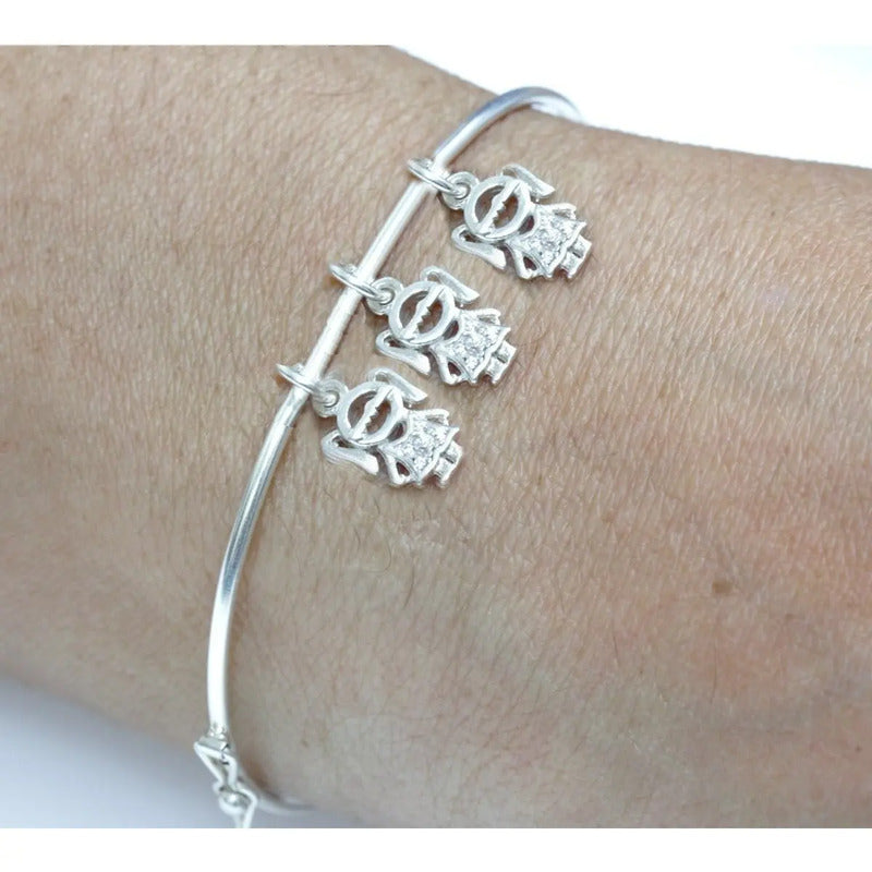 Pulseira Bracelete Rígido Prata 925 - Pingentes 3 Meninas 19 Cm