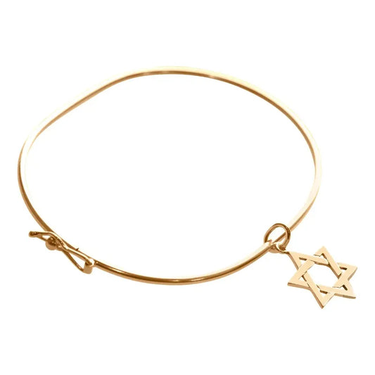 Bracelete Rígido Prata 925 Dourado 18k - Estrela De David Dourado 19 Cm