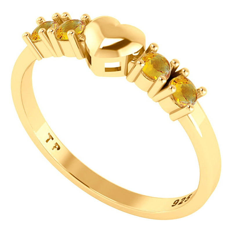 Anel Coração Sólido Prata 925 Dourada Ouro 18k - Citrino Tamanho 22 Dourado