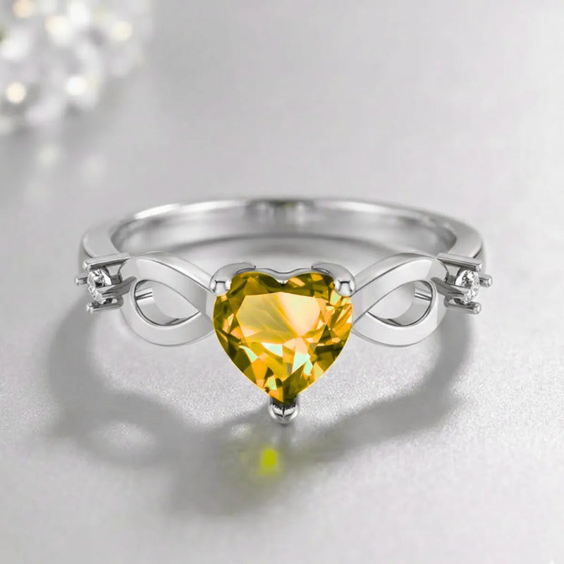 Anel Prata 925 Infinito Amor Coração - Citrino Amarelo 28