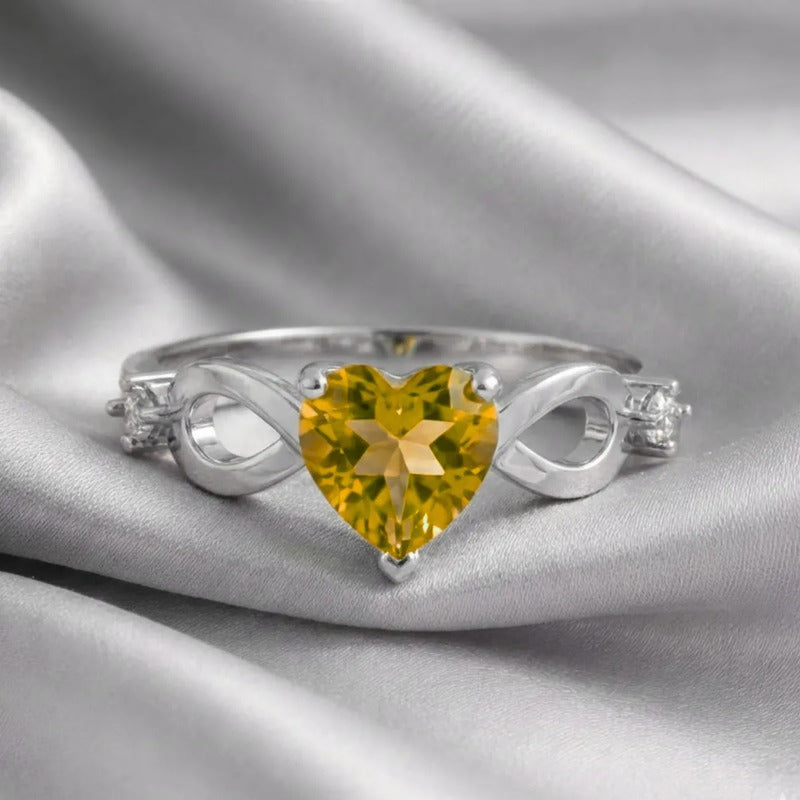 Anel Prata 925 Infinito Amor Coração - Citrino Amarelo 10