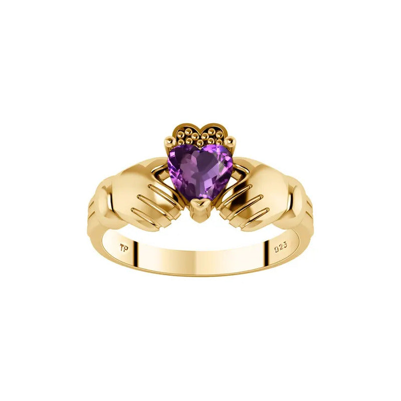 Anel Claddagh Irlandês Prata 925 Dourada 18k - Ametista