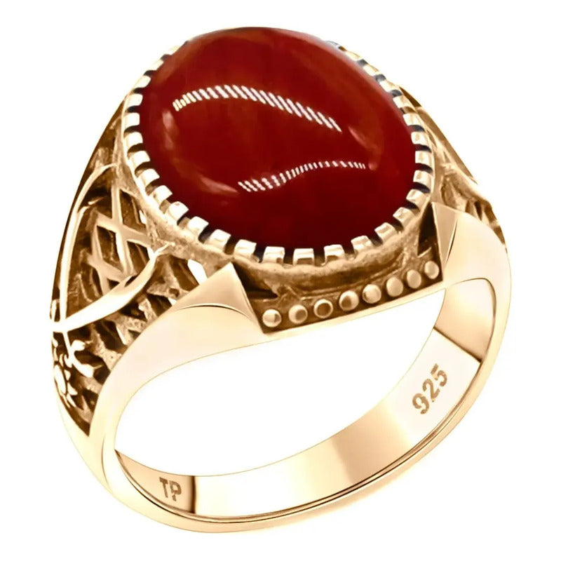Anel Masculino Oval Prata 925 Dourada Ouro 18k Ágata 20