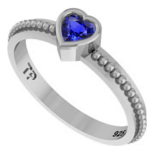 Pure 925 Silver Solitaire Sapphire Heart Ring - Exclusive