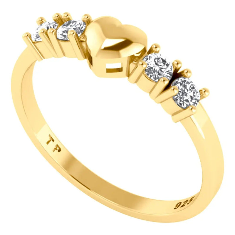 Anel Coração Sólido Prata 925 Dourada Ouro 18k - Zircônia