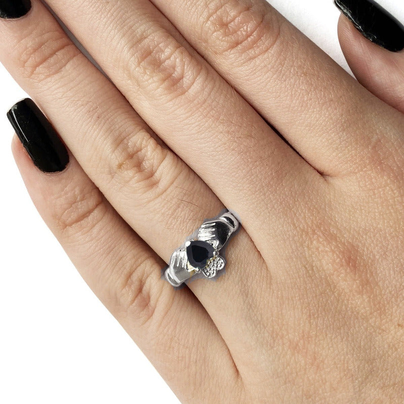 Anel De Prata 925 Claddagh Black Ônix - Unissex