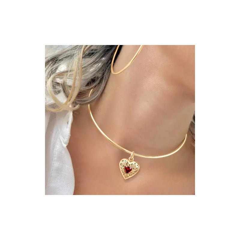 Colar Choker Coração Granada Prata 925 Dourada Ouro 18k