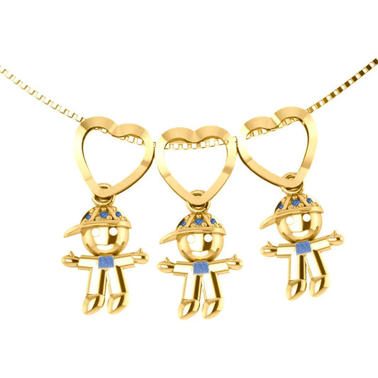 Colar Canga 3 Meninos Com Safira Prata 925 Dourada Ouro 18k Dourado