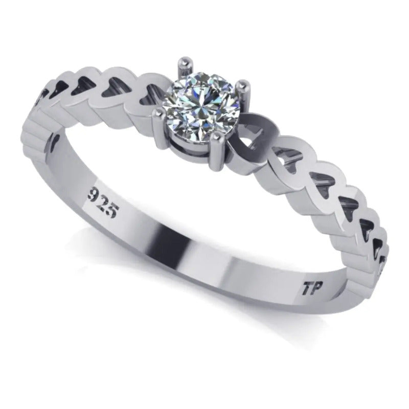 Anel Luxo Pura Prata 925 Corações Zirconia