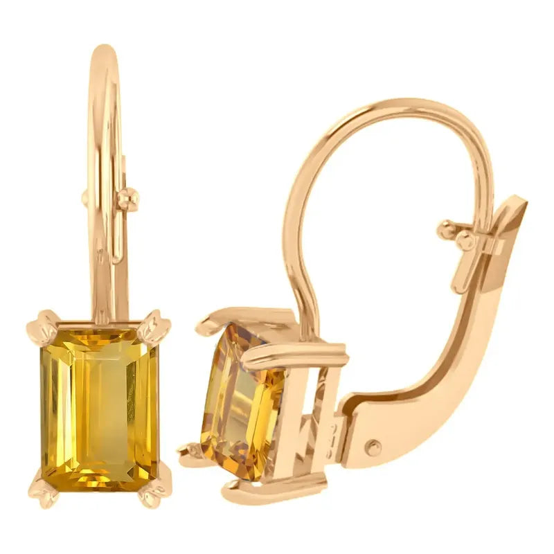 Brinco Trava Retangular Prata 925 Dourada Ouro 18k Citrino Amarelo