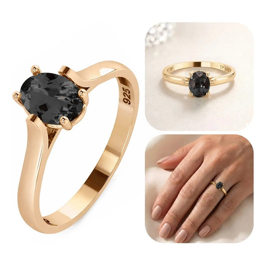 Anel Solitário Oval Em Prata 925 Dourada 18k - Black Ônix