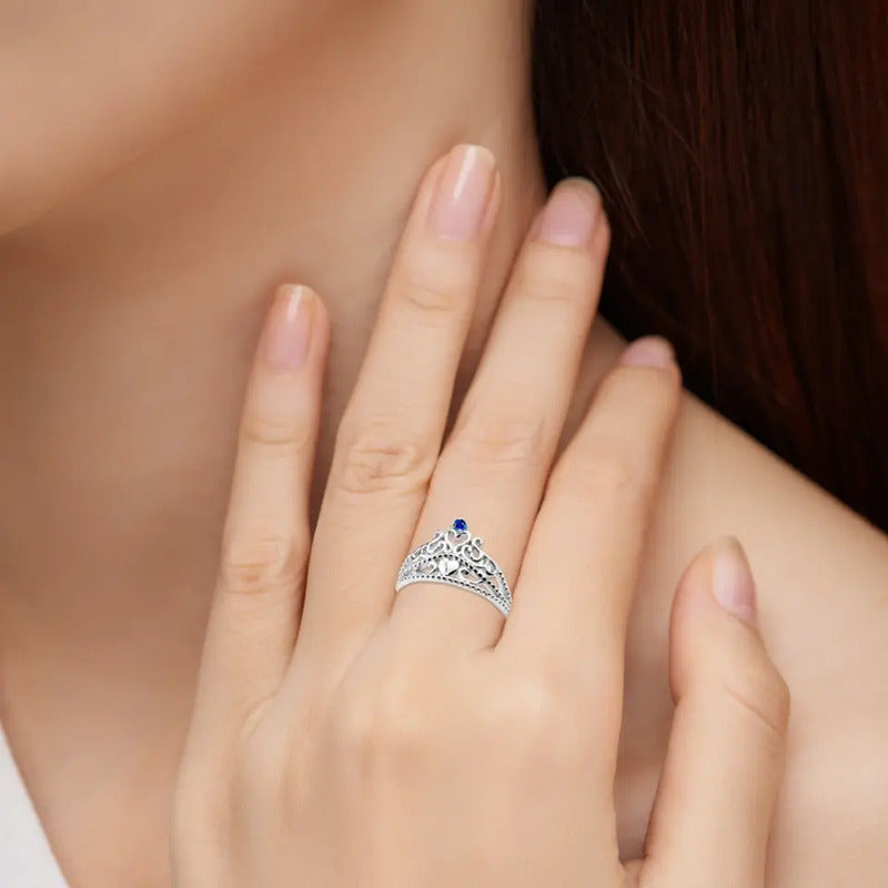 Anel Tiara Princesa Coração Prata 925 Safira - Exclusivo