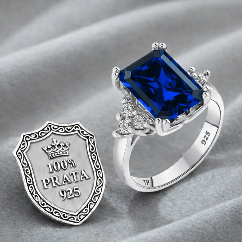 Anel Vintage Clássico Safira Azul Prata 925 - Feminino