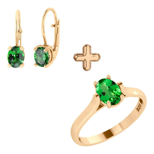 Kit Anel E Brinco Oval Prata 925 Dourada 18k - Esmeralda