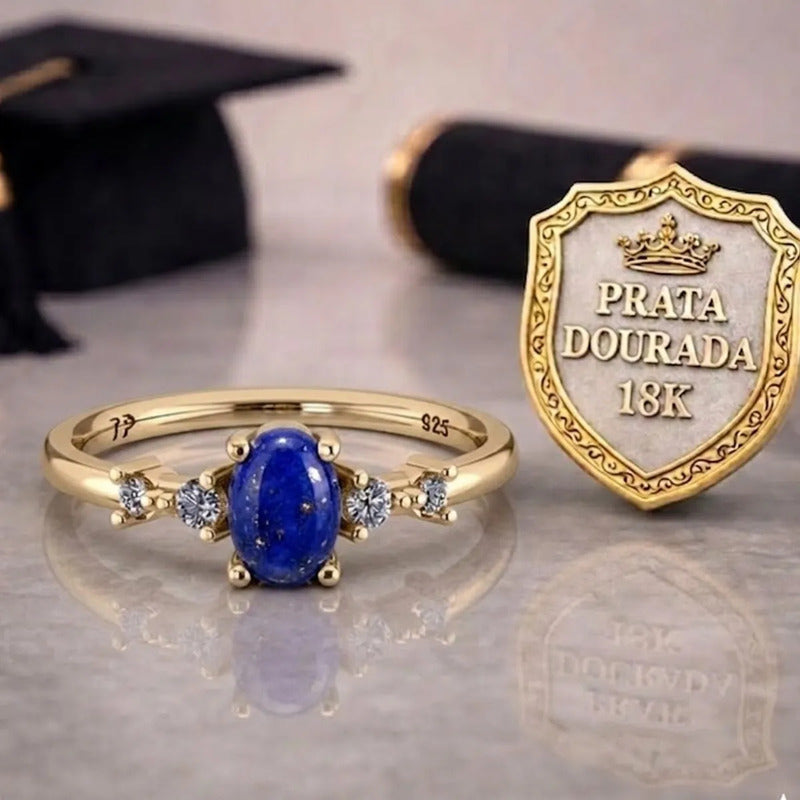 Anel Formatura Feminino Prata 925 Dourada 18k + Capelo Lapis Lazuli 14-15
