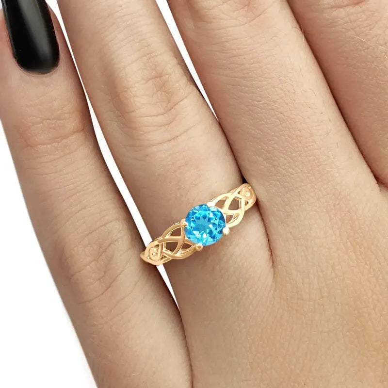 Anel Celta Knot Prata 925 Dourada  Ouro 18k - Topázio Azul