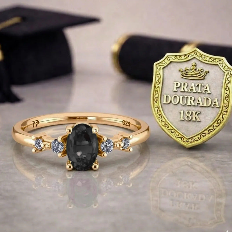 Anel Formatura Feminino Prata 925 Dourada 18k + Capelo Onix 12-13