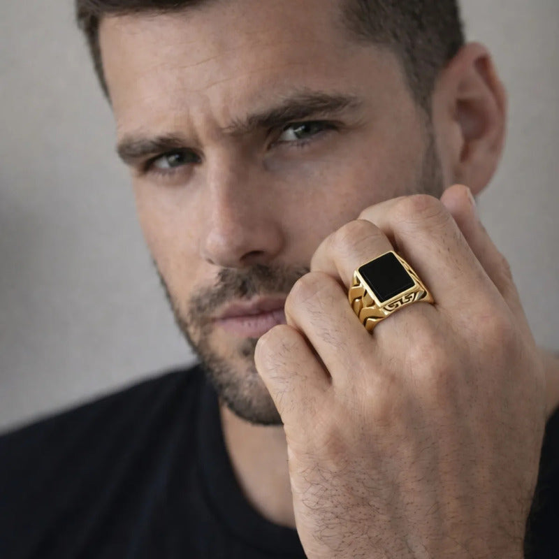 Anel Masculino Elos Prata 925 Dourada Ouro 18k - Black Onix